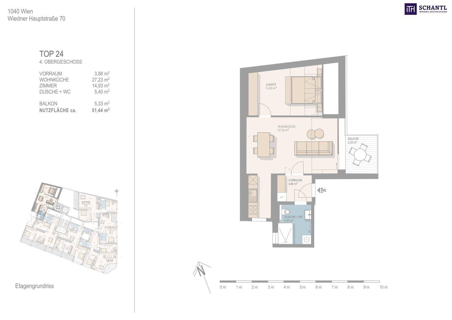 Grundriss der Wohnung TOP 24 im 4. Obergeschoss mit einem Schlafzimmer, Wohnküche und Balkon.