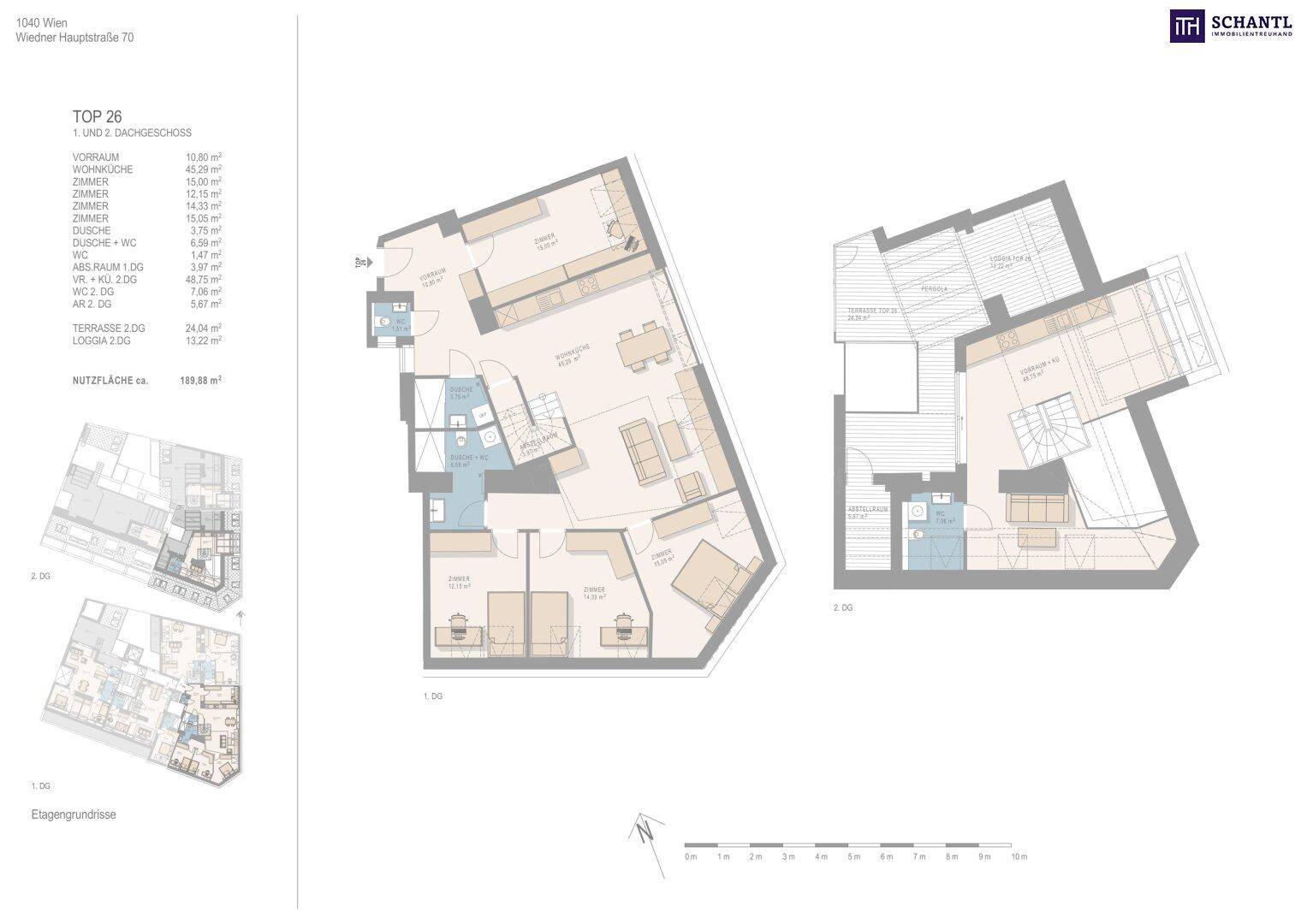 Grundriss einer Maisonette-Wohnung mit zwei Ebenen, Terrasse und Loggia im Dachgeschoss.