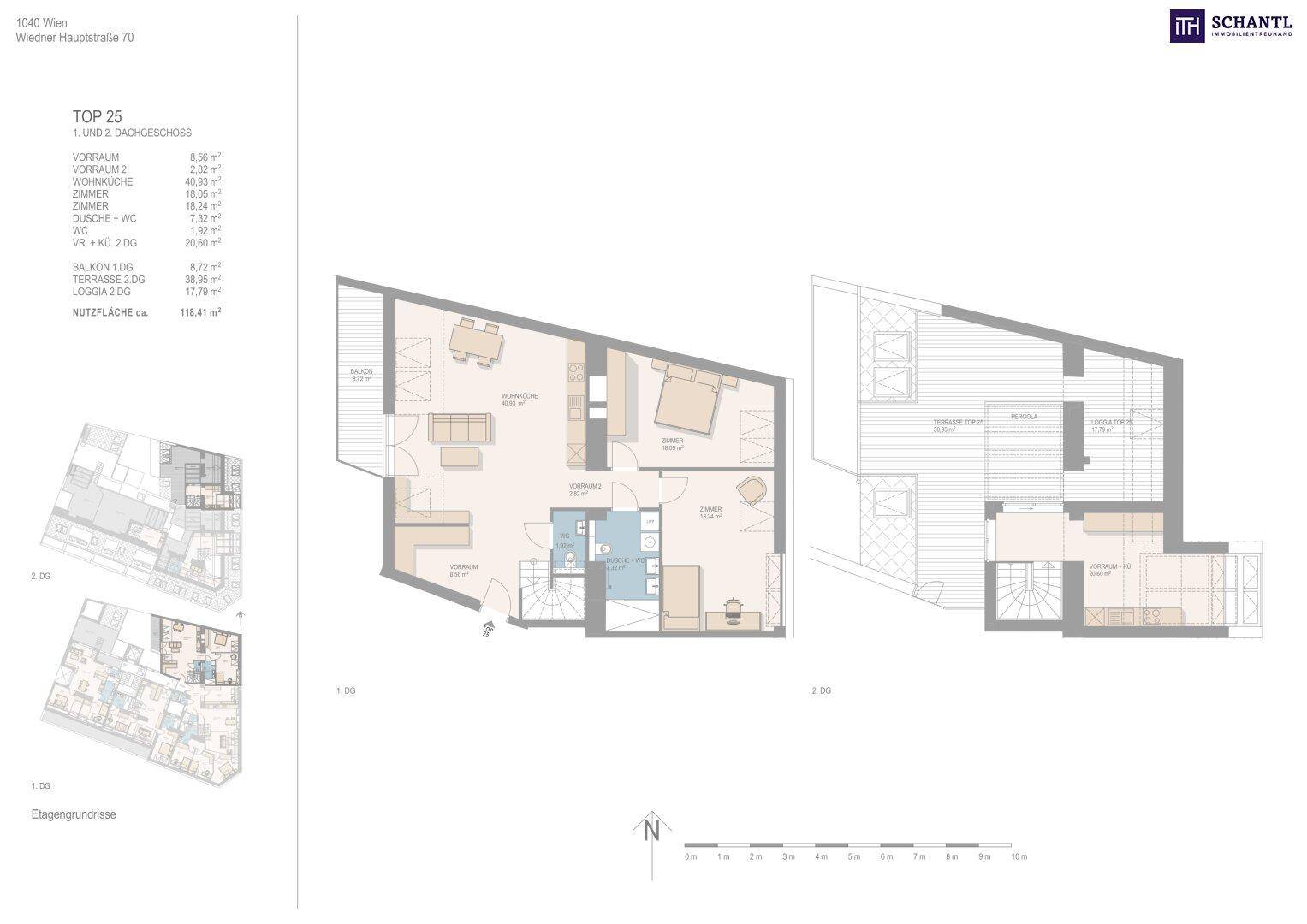 Grundriss einer Maisonette-Wohnung mit offenem Wohnbereich, Schlafzimmern, Bädern und mehreren Außenbereichen.