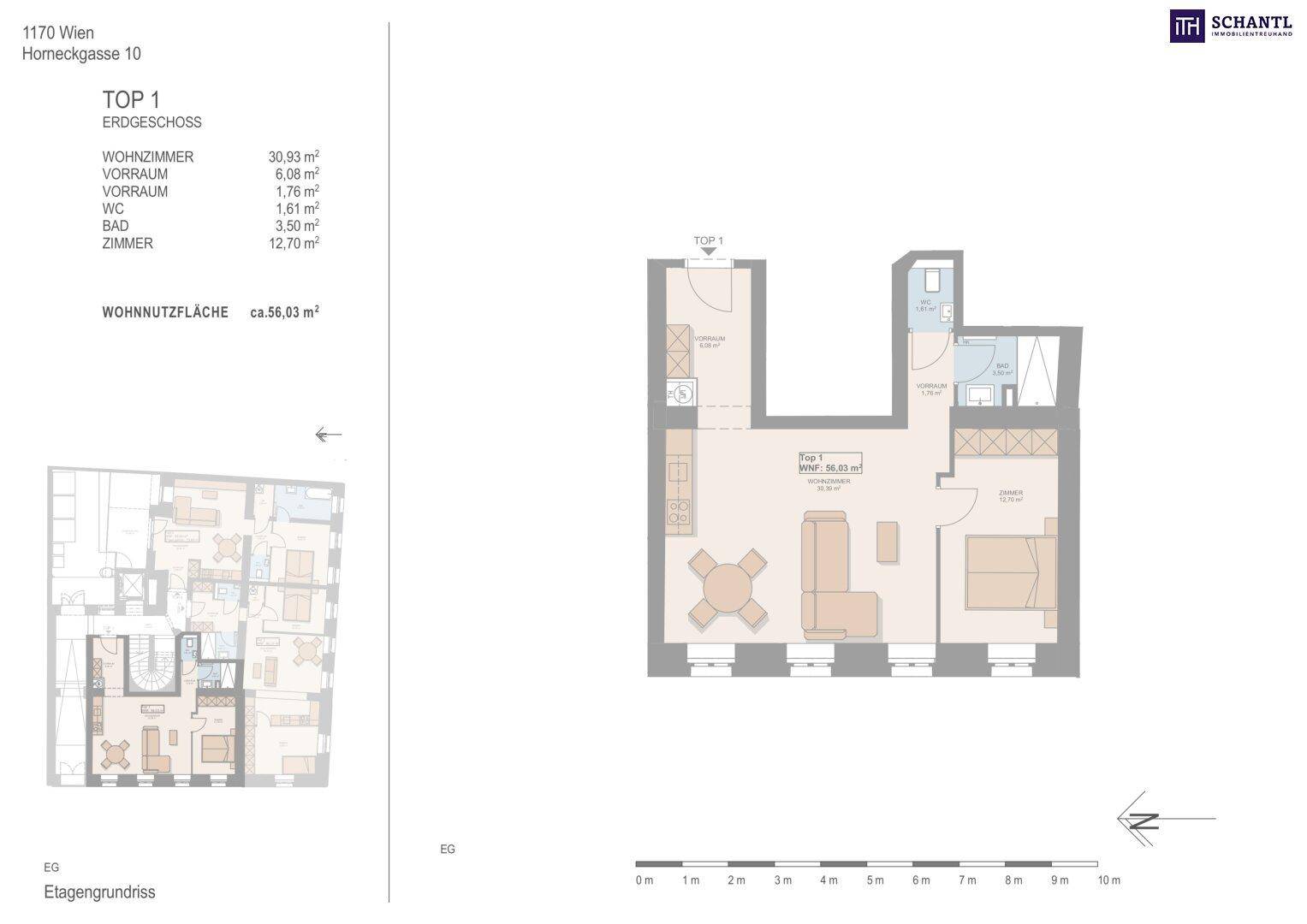 Grundriss der Erdgeschosswohnung Top 1 mit Wohnzimmer, Bad und Zimmer.