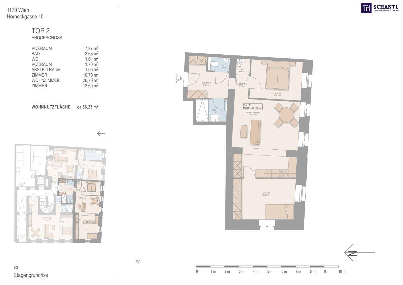 Grundriss der Wohnung Top 2 im Erdgeschoss mit Wohnnutzfläche von 66,23 m².