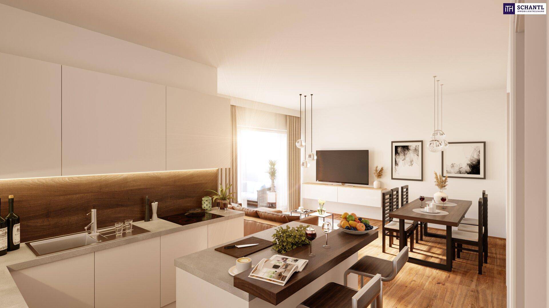 Offener Wohn-Essbereich mit moderner Küche, Holzboden und Zugang zu einem Balkon.