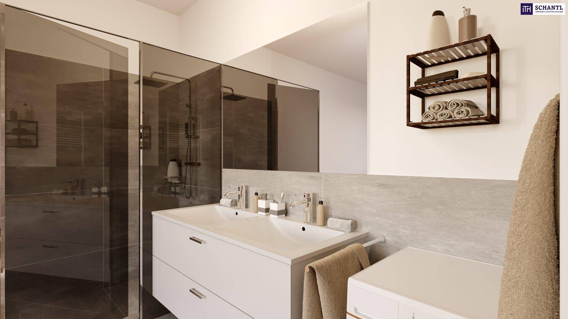 Modernes Badezimmer mit Doppelwaschbecken, großer Spiegelfläche und begehbarer Dusche.