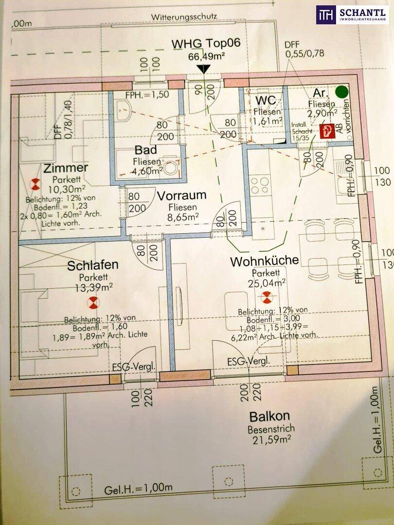 Grundriss der Wohnung Top06 mit Schlafzimmer, weiterem Zimmer, Wohnküche, Bad, separatem WC und großem Balkon.
