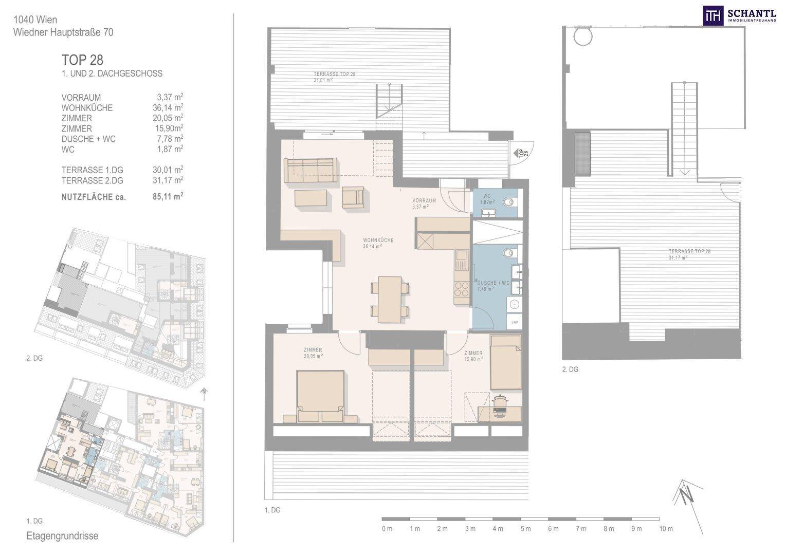 Grundriss einer Maisonette-Wohnung über zwei Dachgeschosse mit Terrasse und Raumaufteilung.