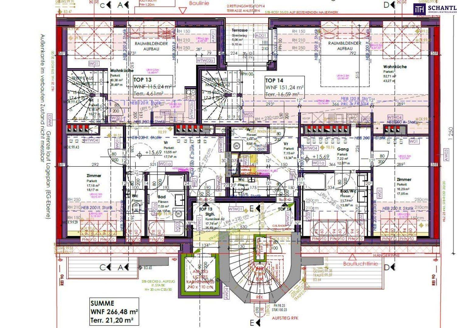 Grundriss für zwei Dachgeschosswohnungen mit Terrassen und offenem Wohnbereich.