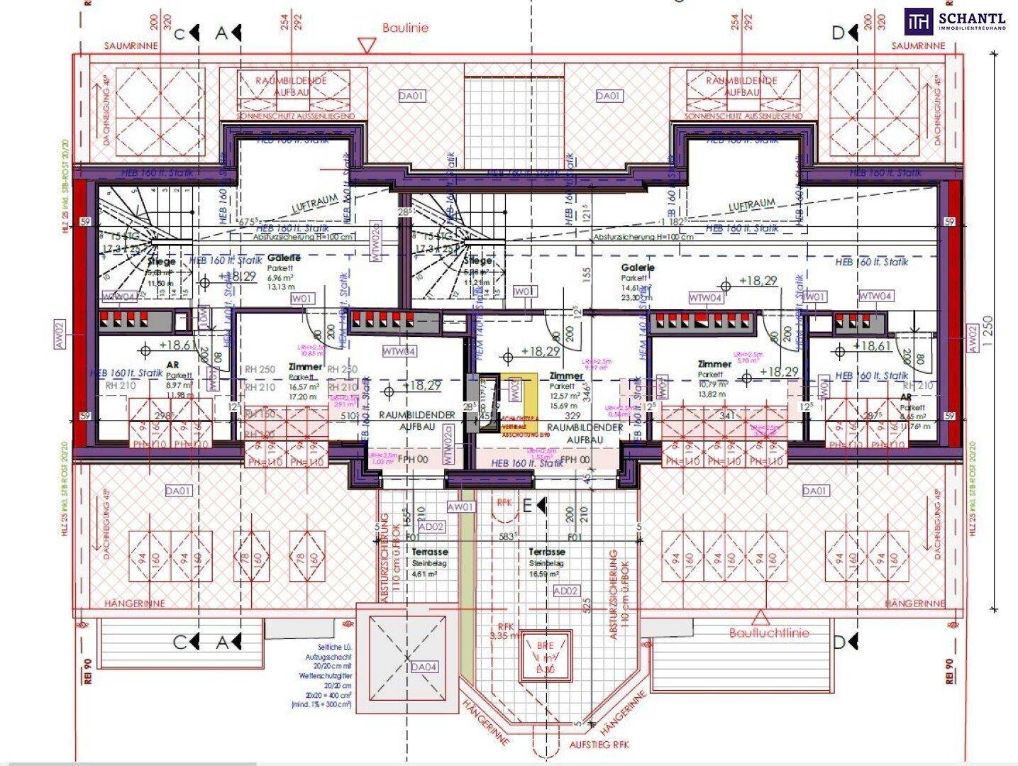 Grundriss des Dachgeschosses mit zwei Wohneinheiten und Terrassen.