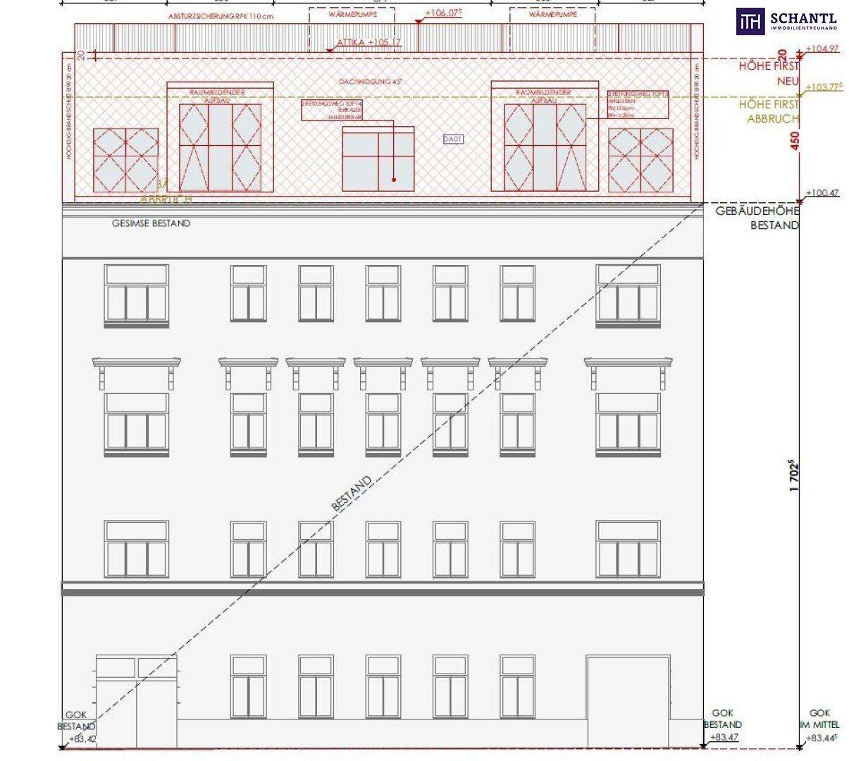 Fassadenansicht des Gebäudes mit geplantem Dachgeschossausbau und Bestandsfassade.