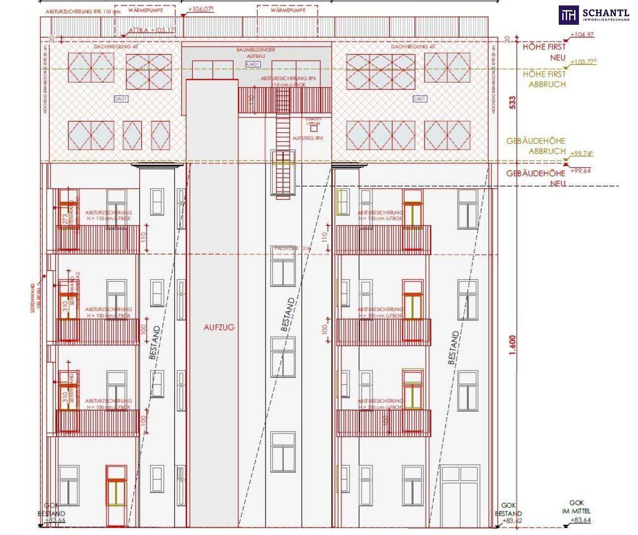 Seitenansicht des Gebäudes mit geplantem Dachgeschossausbau und Aufzugsschacht.