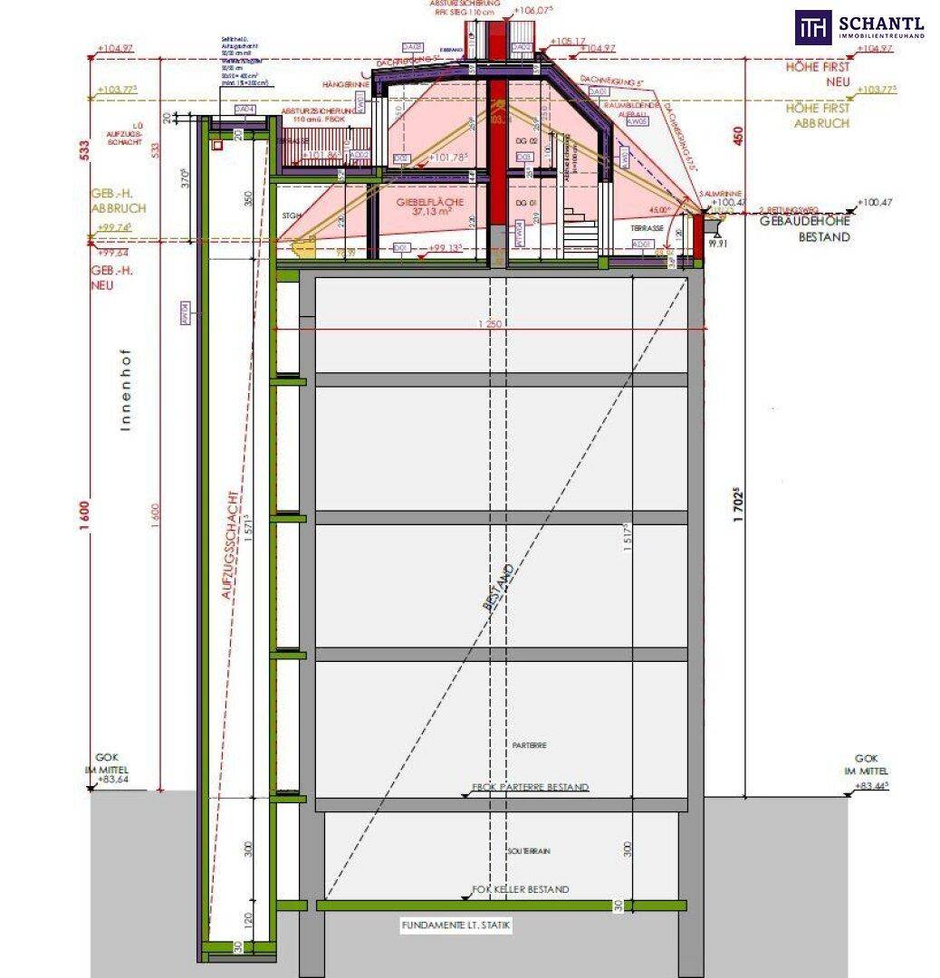 Gebäudeschnitt mit Keller, Bestandsgeschossen und geplantem Dachgeschossausbau.