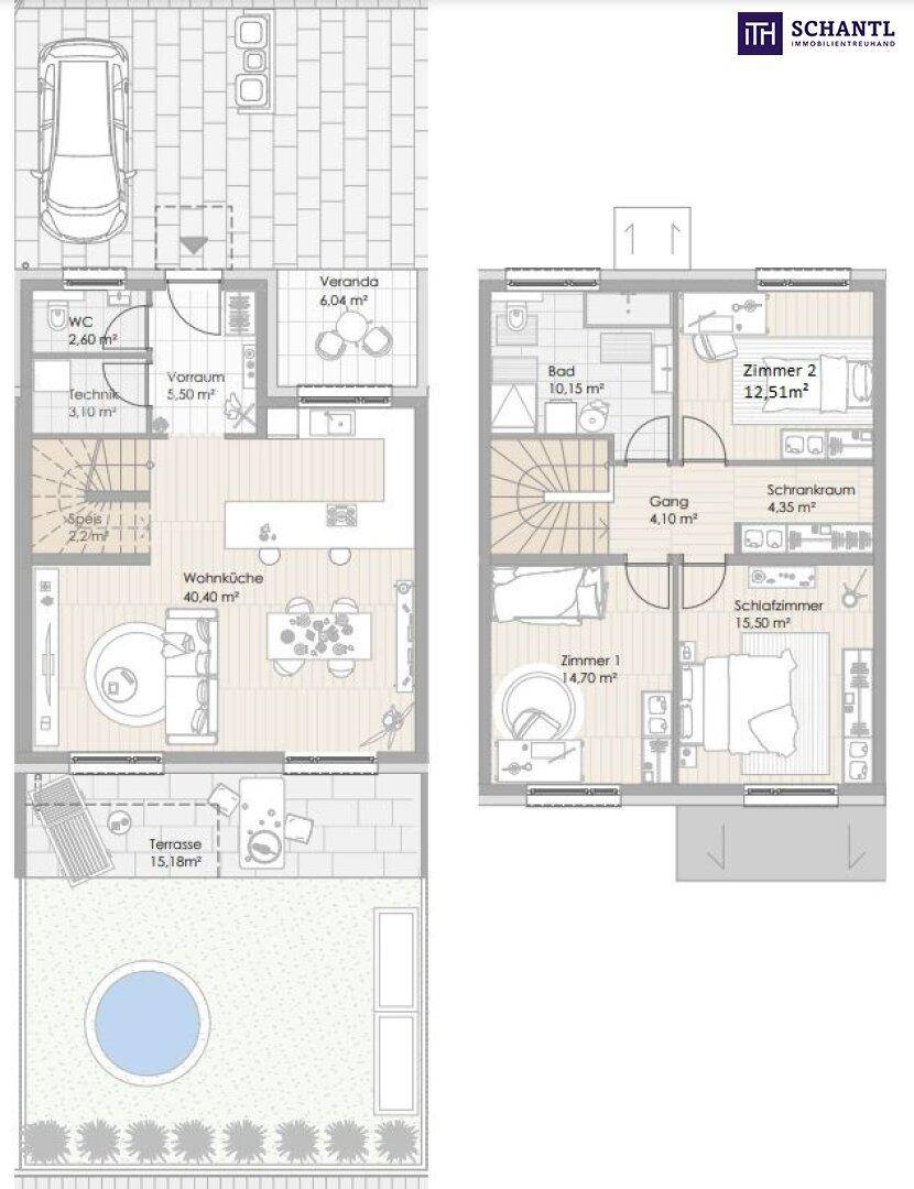 Detaillierter Grundriss eines Reihenhauses mit Erdgeschoss und Obergeschoss, inklusive Raumaufteilung.