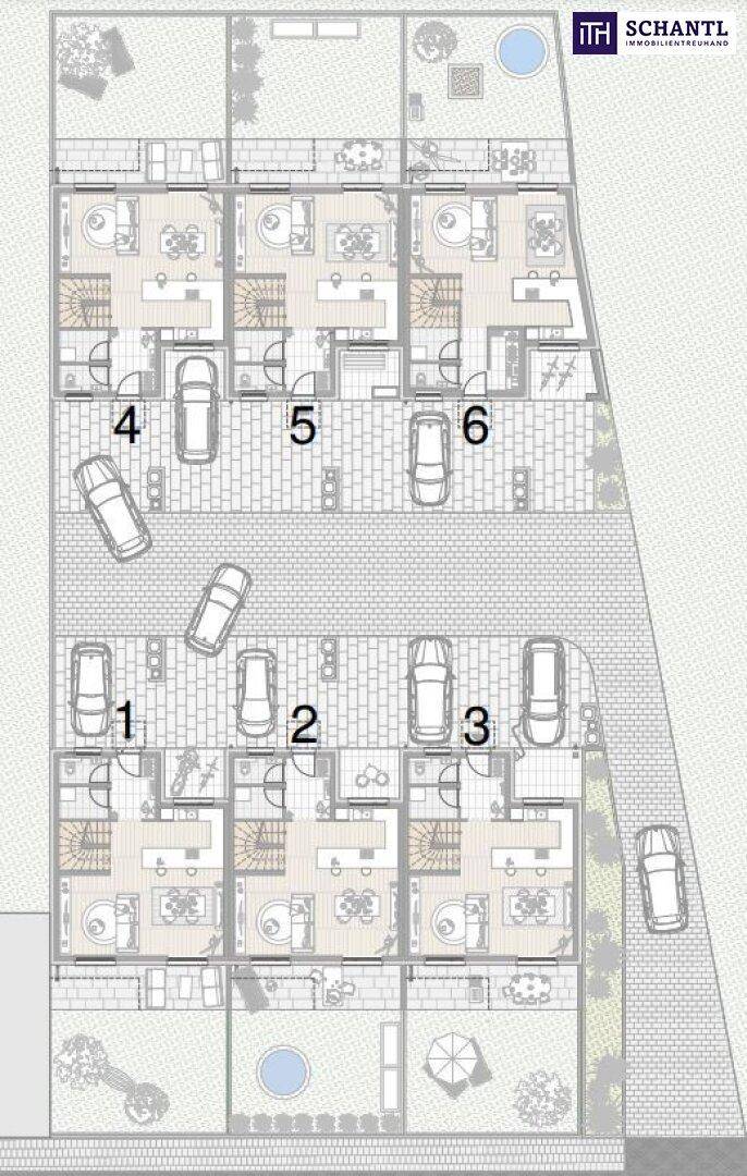 Gesamtübersichtsplan der Wohnanlage mit mehreren Reihenhäusern, Parkplätzen und Grünflächen.