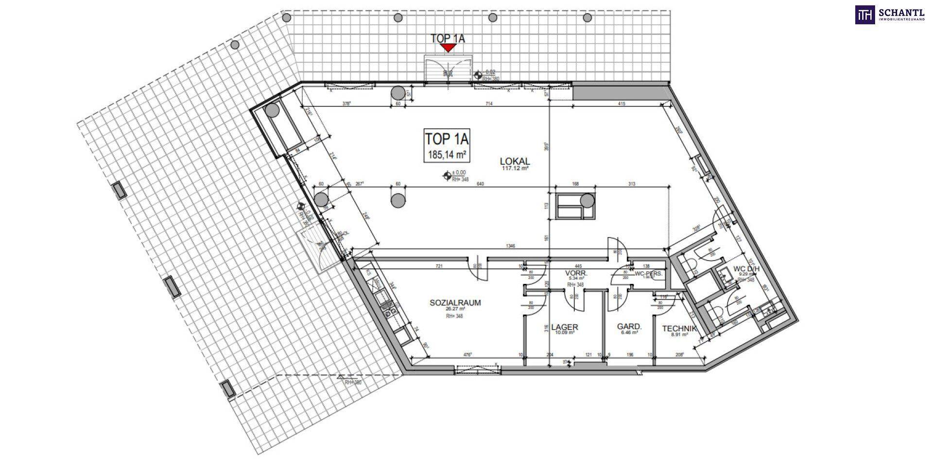 Grundrissplan für eine Gewerbefläche mit 185,14 m² und verschiedenen Funktionsbereichen.
