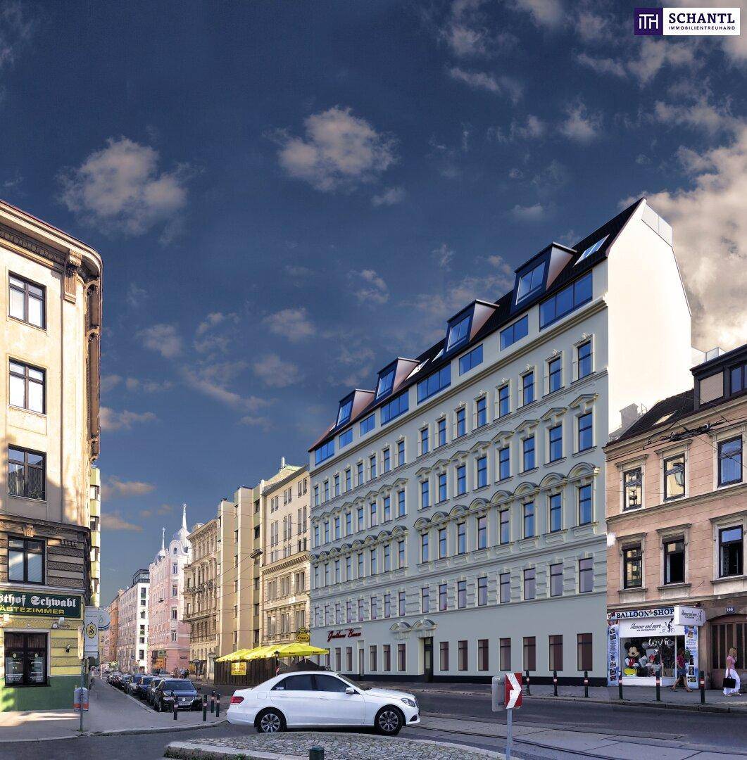 Ansicht der modernen Gebäudefassade an einer belebten Stadtstraße.