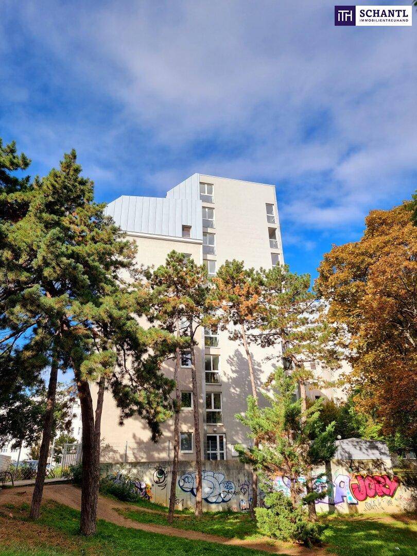 Mehrstöckiges Gebäude umgeben von Bäumen, mit einer modernen Fassade und blauem Himmel.