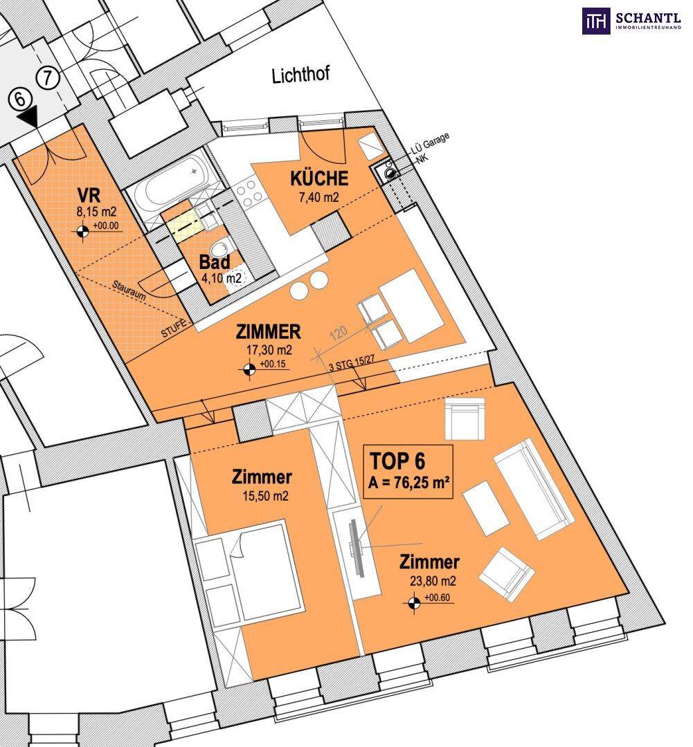 Detaillierter Grundriss der Wohnung mit drei Zimmern, Küche und Bad, inklusive Flächenangaben.