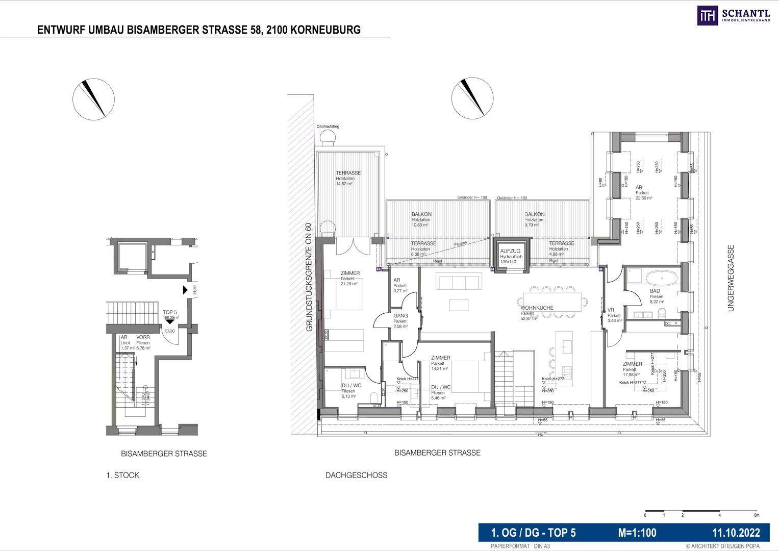 Grundriss des ersten Obergeschosses und Dachgeschosses, zeigt die geplante Aufteilung der Wohnung.