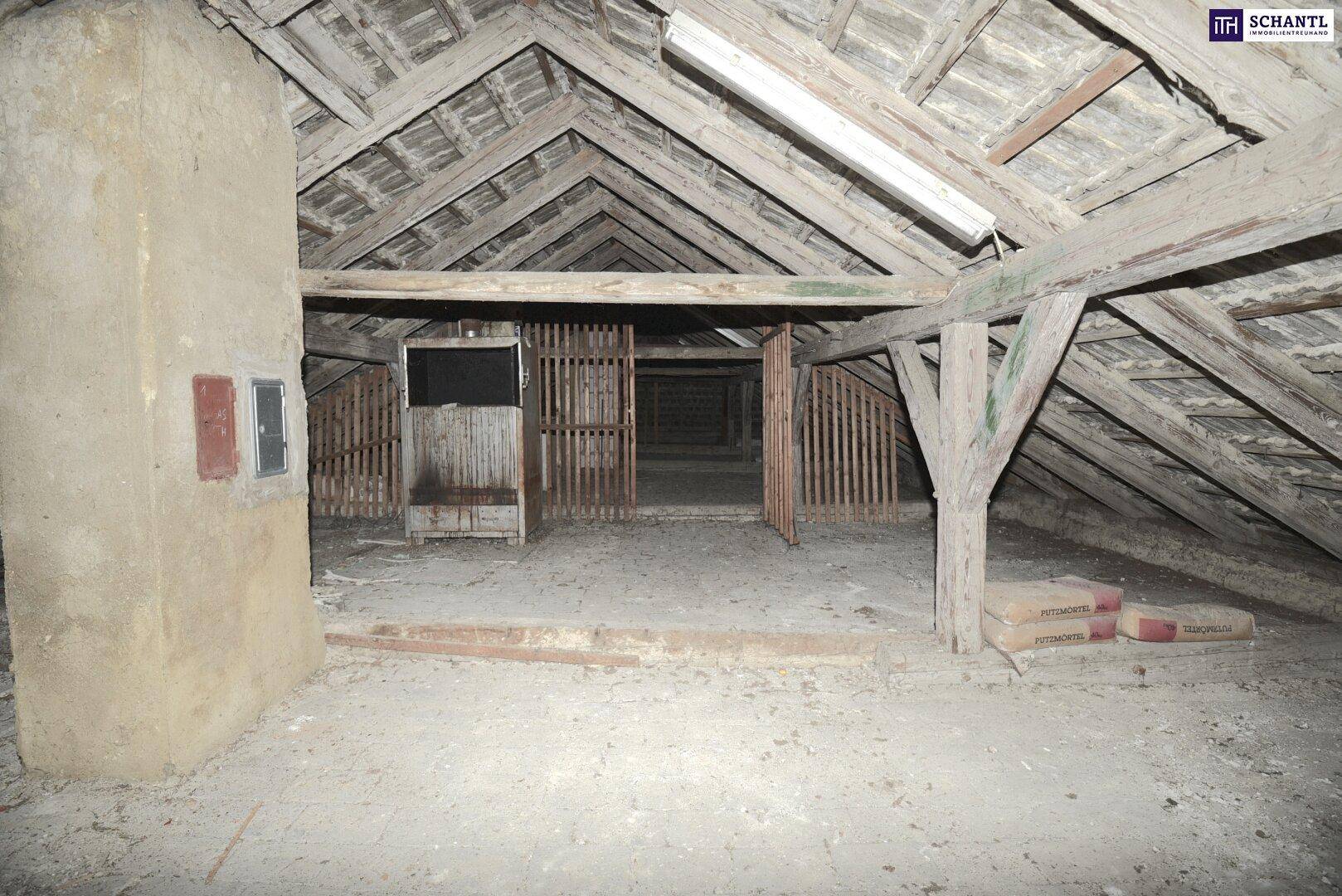 Großer Dachbodenbereich mit Holzbalken und alten Trennwänden, bietet viel Potenzial zur Gestaltung.