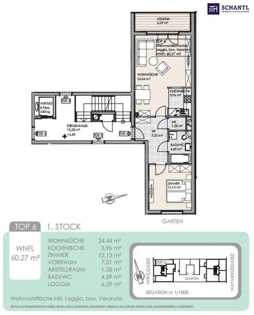 Grundriss der Wohnung im ersten Stock mit Loggia, Wohnküche und zwei Zimmern.