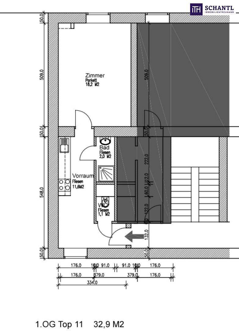 Grundriss des 1. Obergeschosses mit Zimmer, Bad, WC und Vorraum.