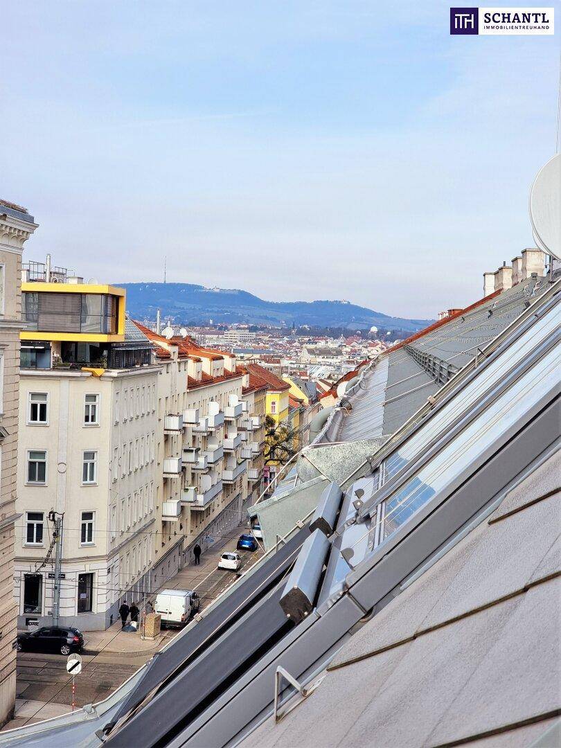 Panoramablick vom Dach über die Stadt mit Bergen am Horizont unter bewölktem Himmel.
