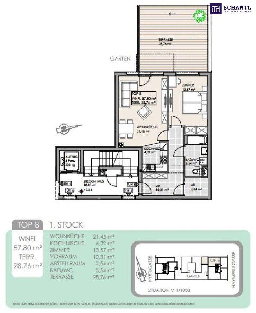 Grundriss für Top 8 im 1. Stock mit Terrasse und Gartenbereich.