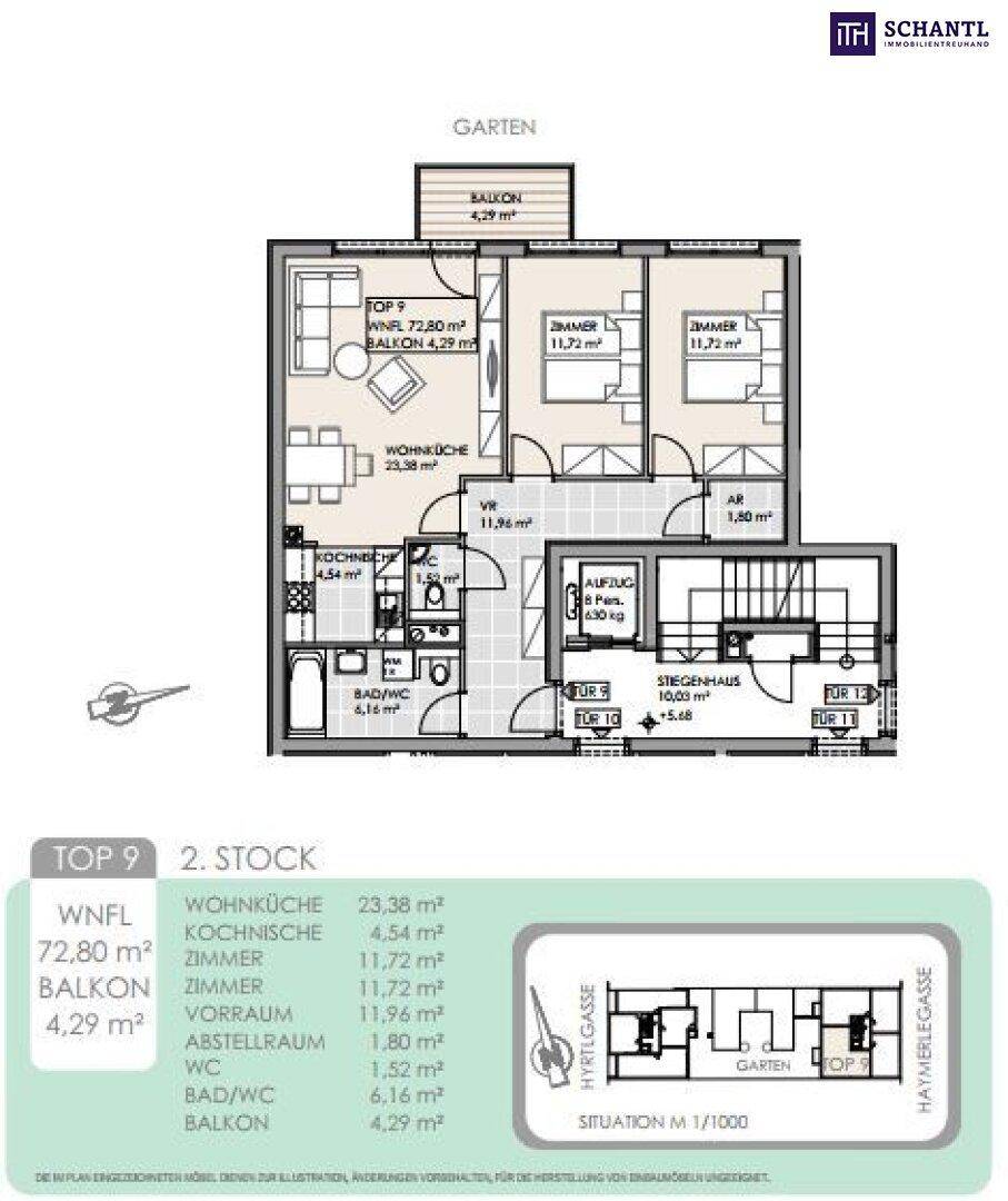Grundriss für Top 9 im 2. Stock mit Balkon und offenem Wohnbereich.