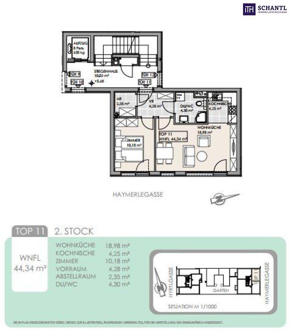 Grundriss für Top 11 im 2. Stock mit kompakter Wohnküche und Zimmer.