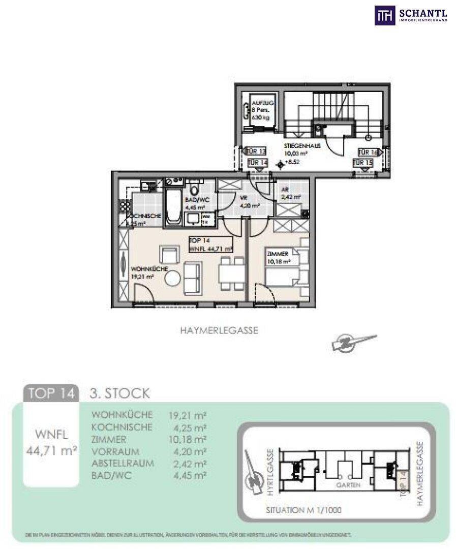 Grundriss für Top 14 im 3. Stock mit Wohnküche und separatem Zimmer.