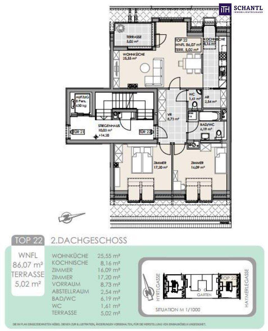Grundriss für Top 22 im 2. Dachgeschoss mit großer Terrasse und mehreren Zimmern.