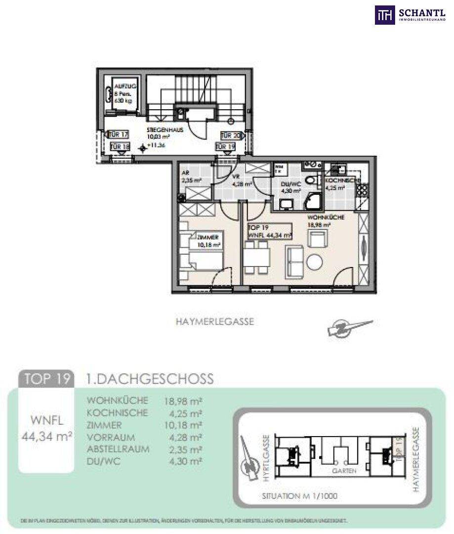 Grundriss für Top 19 im 1. Dachgeschoss mit Wohnküche und Zimmer.