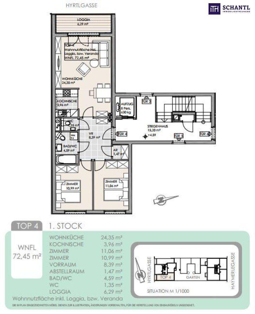 Grundriss für Top 4 im 1. Stock mit Loggia und offenem Wohnbereich.