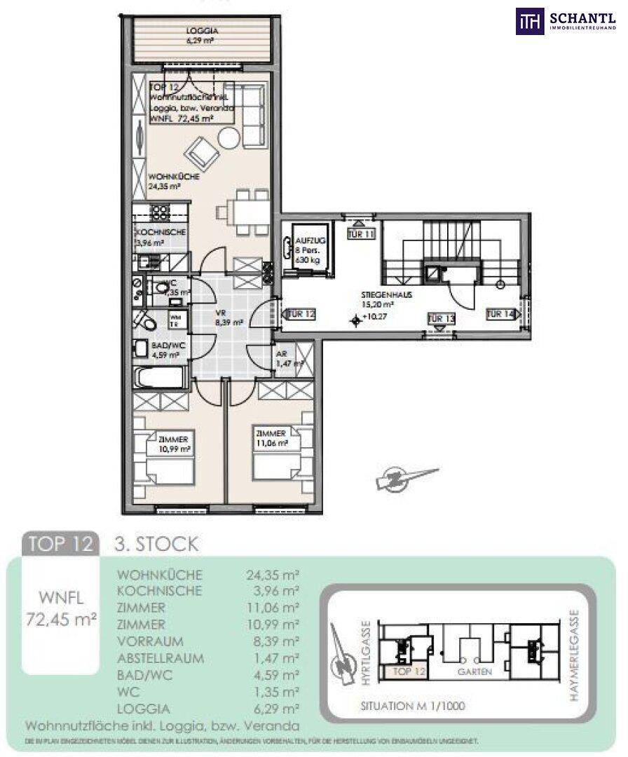 Grundriss für Top 12 im 3. Stock mit Loggia und zwei Zimmern.