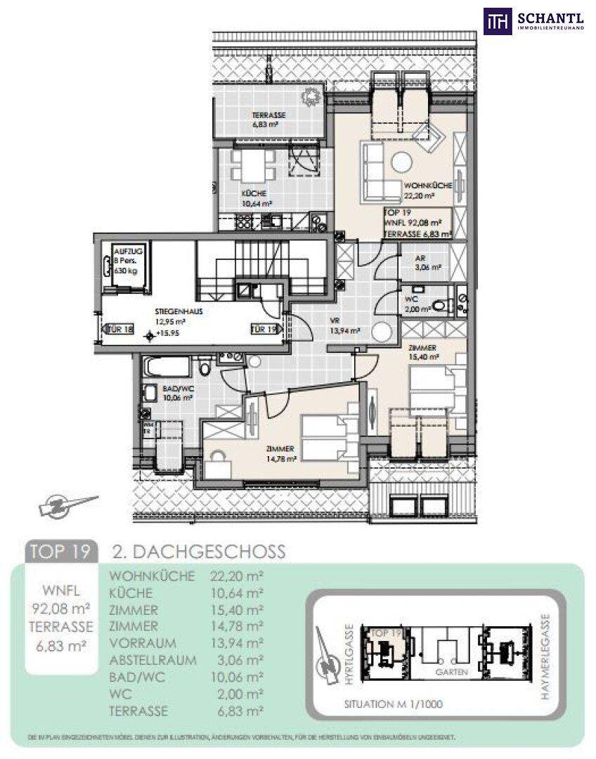 Grundriss für Top 19 im 2. Dachgeschoss mit Terrasse und großzügigem Wohnbereich.