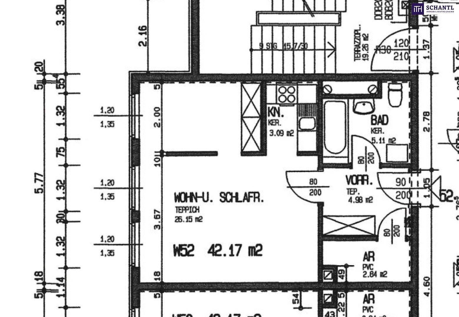 Detaillierter Grundriss einer Wohnung mit Wohn- und Schlafbereich, Küche und Bad.