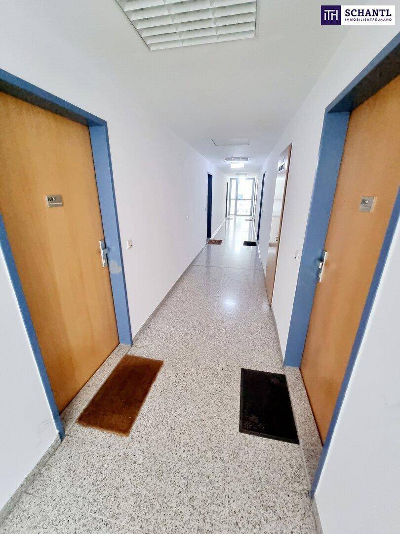 Langer, heller Flur im Gebäude mit Terrazzoboden und mehreren Wohnungseingängen.