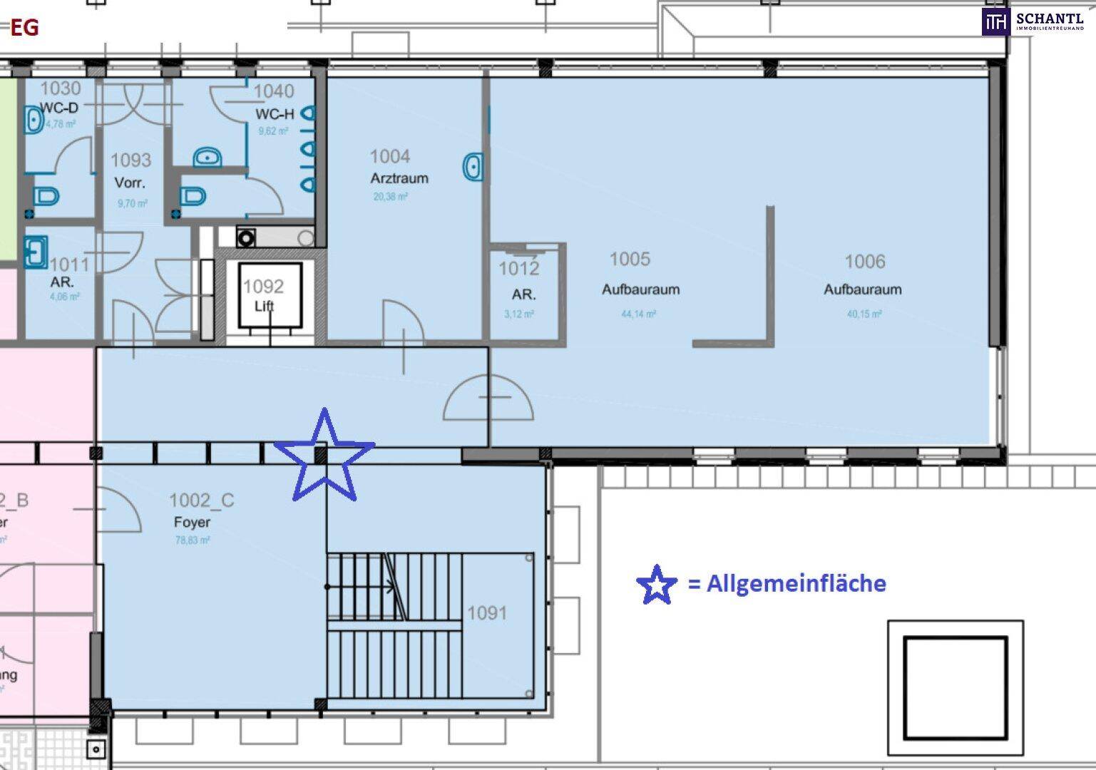 Grundriss des Erdgeschosses mit Büroräumen, Toiletten, Foyer und einem zentralen Aufzug.
