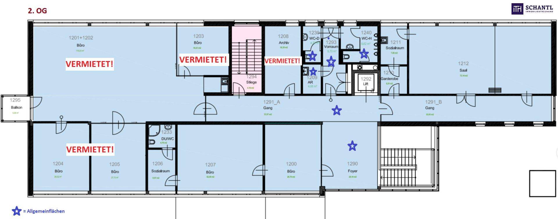 Grundriss des zweiten Obergeschosses mit vermieteten Büros, Toiletten und einem Aufzug im Zentrum des Gebäudes.