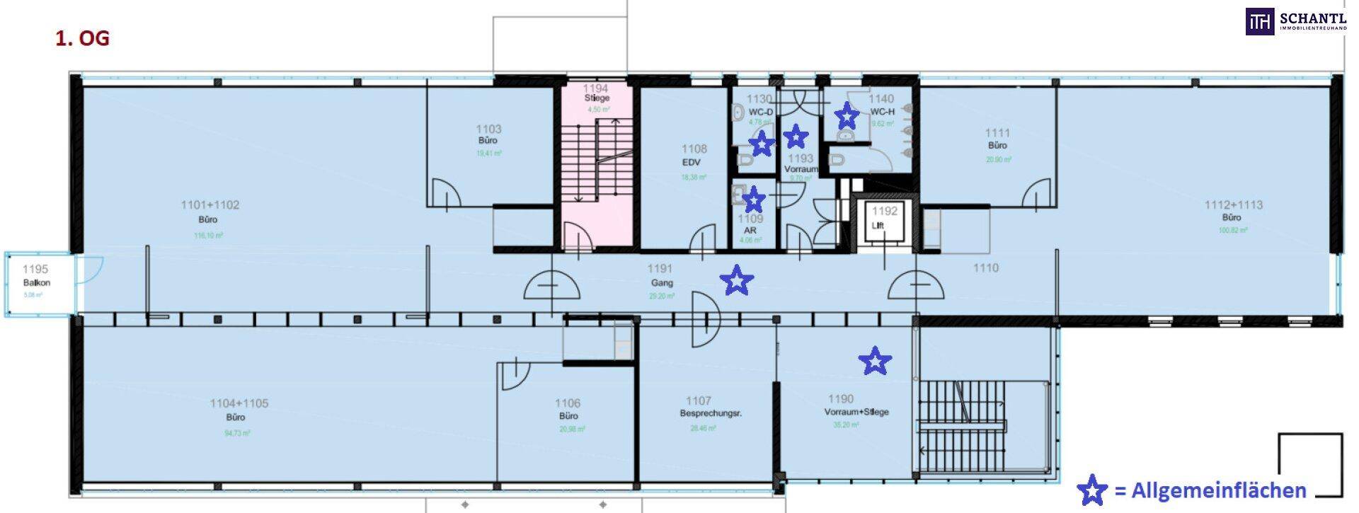 Grundriss des ersten Obergeschosses mit mehreren Büroeinheiten, Toiletten und einem zentralen Treppenhaus.