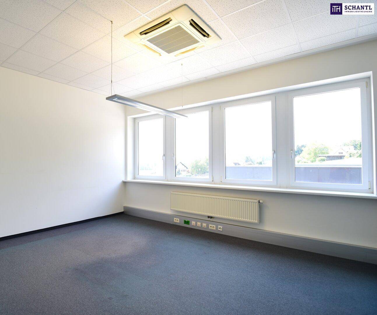 Einzelbüro mit Teppichboden, Fensterfront und Deckenbeleuchtung.