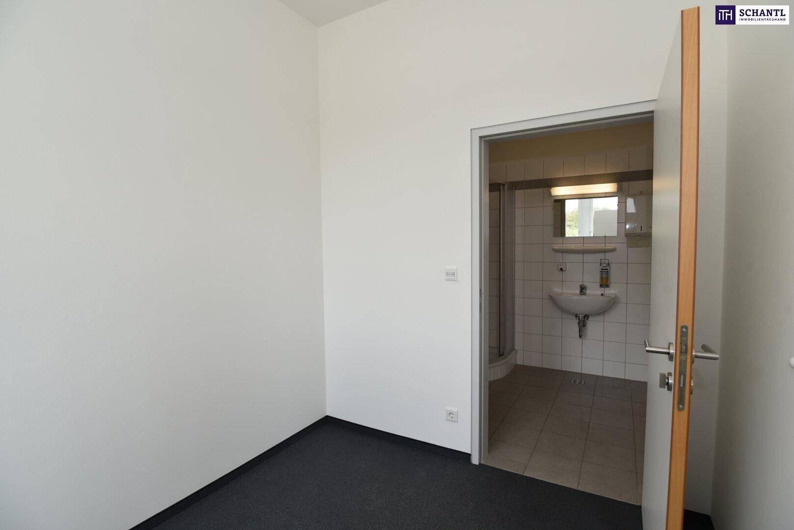 Kleiner Büroraum mit Teppichboden und Zugang zu einem gefliesten Badezimmer mit Waschbecken und Dusche.