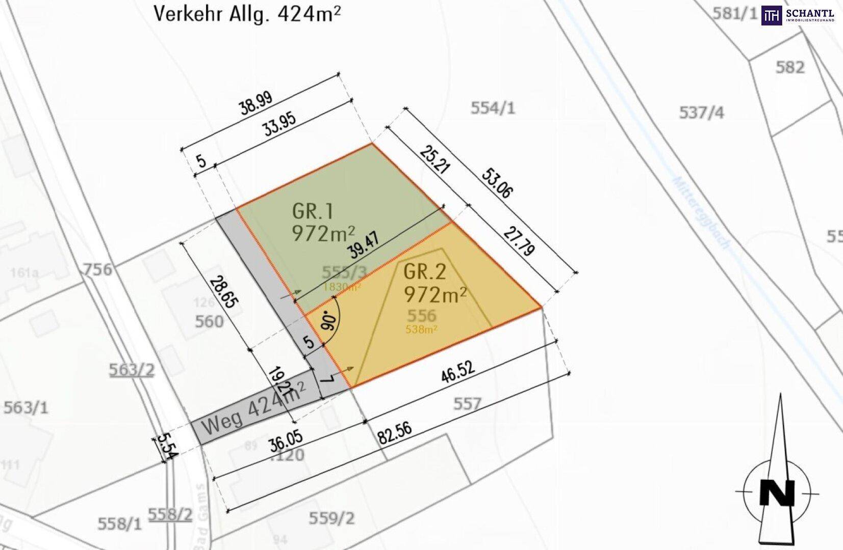 Übersichtlicher Katasterplan mit zwei Baugrundstücken von jeweils 972m² und einem gemeinsamen Zufahrtsweg.