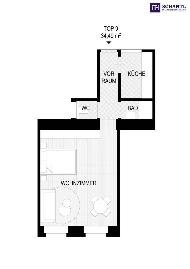 Grundriss der Wohnung Top 9 mit 34,49 m², zeigt Wohnzimmer, Küche, Bad und WC.
