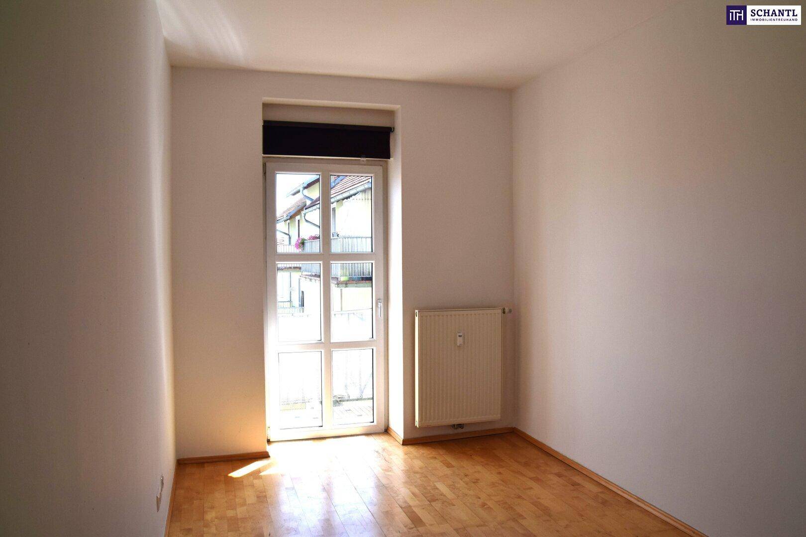 Heller Raum mit Parkettboden und einer Fenstertür, die Zugang zu einem Außenbereich bietet.