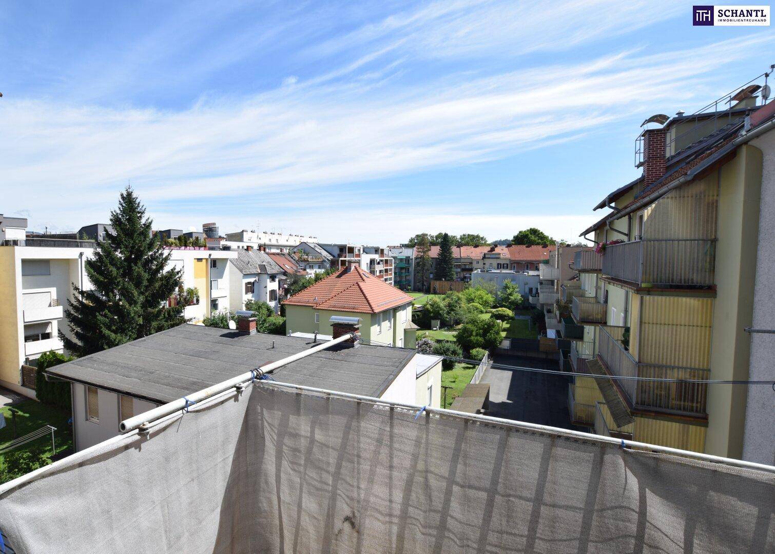 Blick vom Balkon über eine Wohnsiedlung mit viel Grün und blauem Himmel.