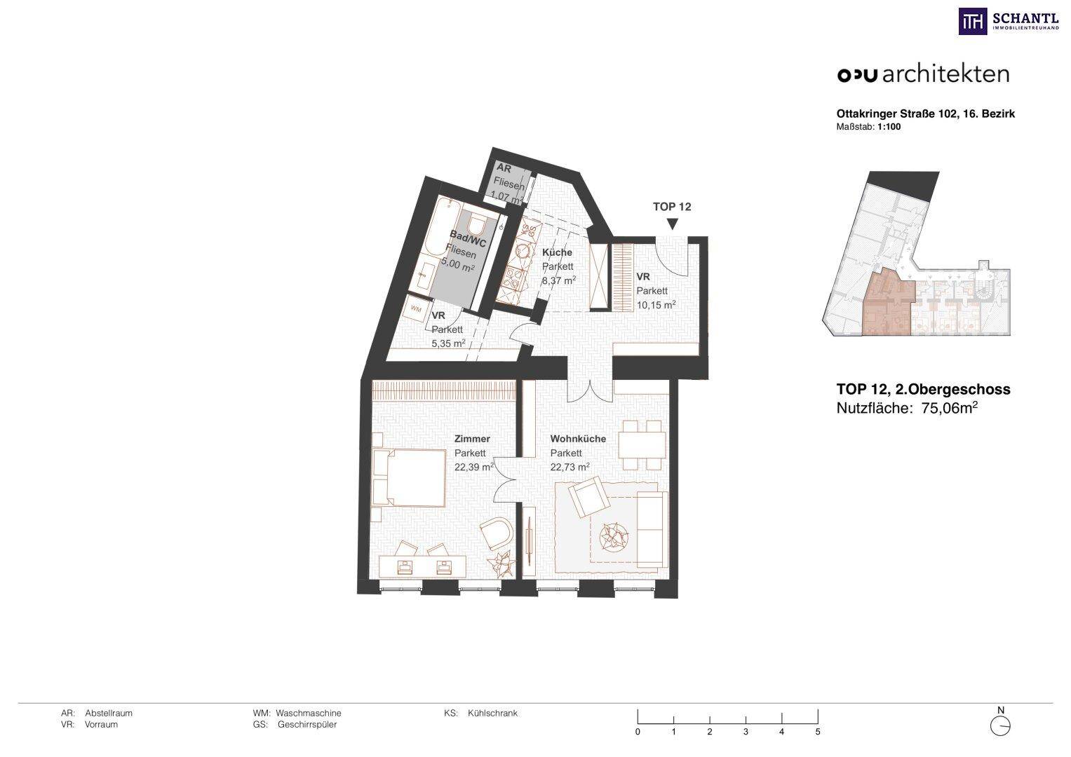 Grundriss der Wohnung Top 12 im 2. Obergeschoss mit 75,06 m² Nutzfläche.