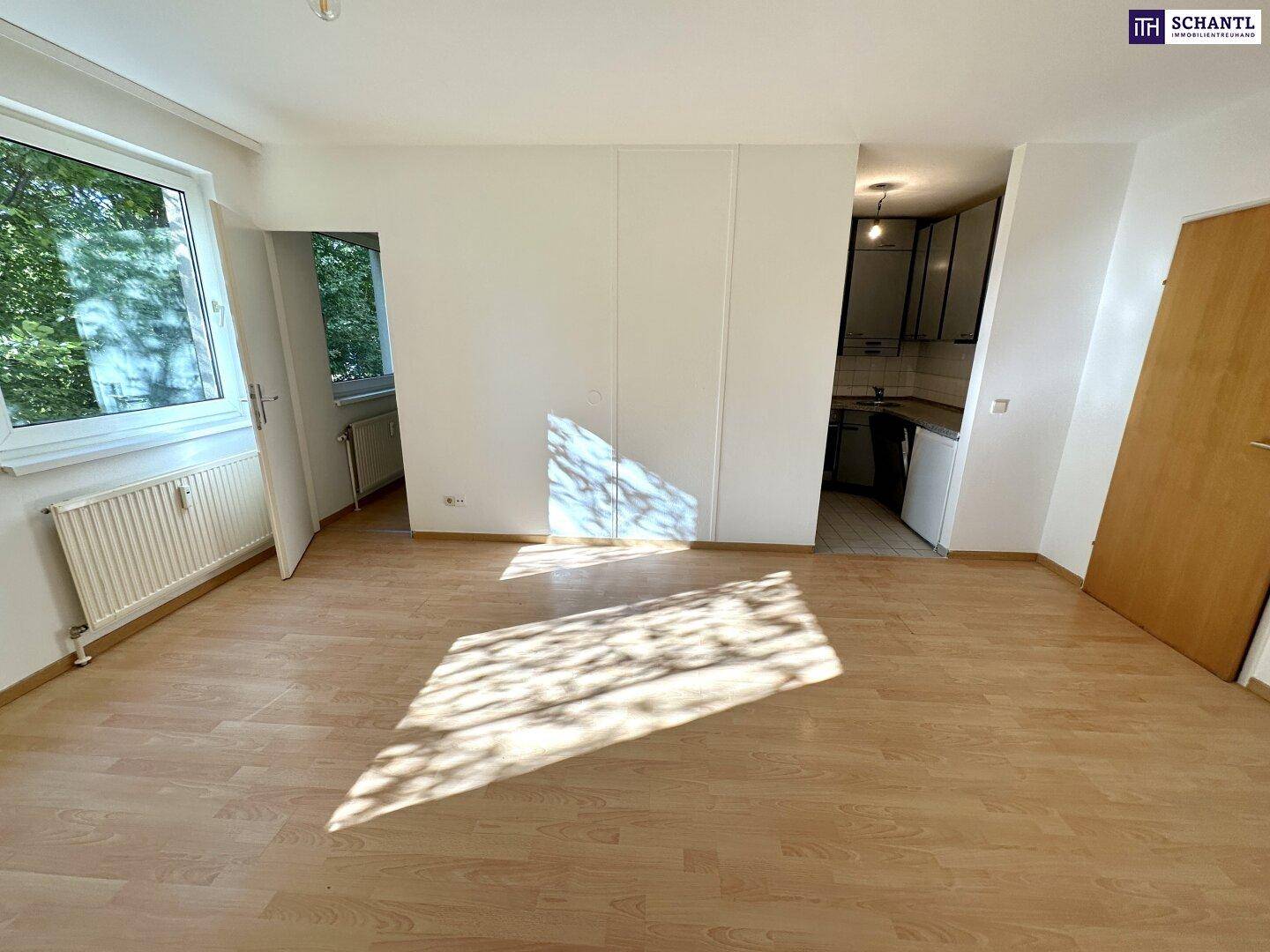 Lichtdurchfluteter Wohnbereich mit Parkettboden und offener Verbindung zur Küchenzeile.