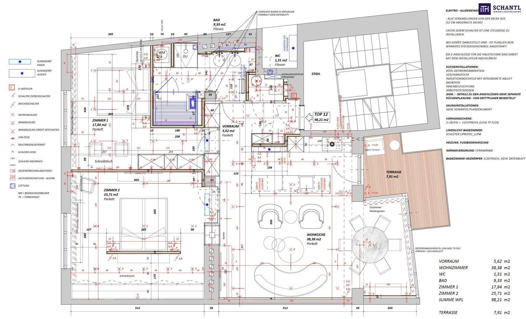 Detaillierter Grundriss einer modernen Wohnung mit mehreren Zimmern, Terrasse und Balkon.