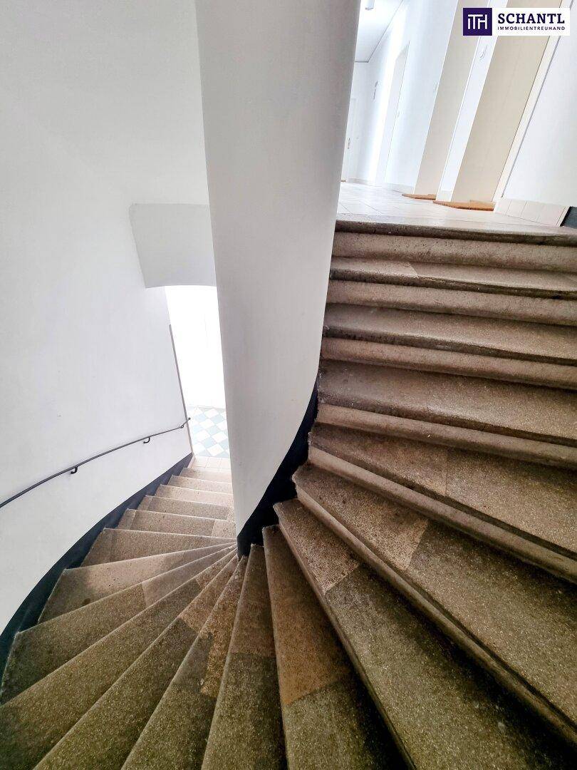 Historisches Treppenhaus mit Steinstufen und geschwungenem Geländer in einem Altbau.
