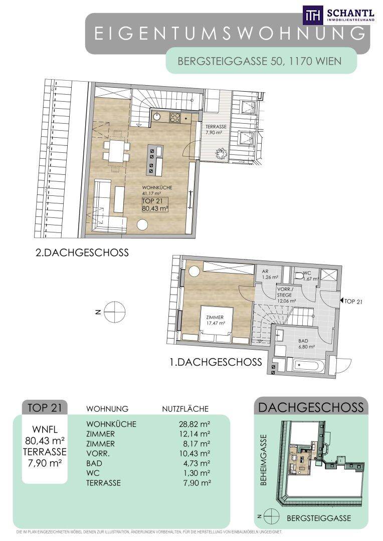 Grundriss der Eigentumswohnung im Dachgeschoss mit offener Wohnküche und Terrasse.
